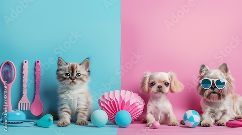 Advertising poster design for pet shop Cute cat dog and different accessories on color background : Generative AI