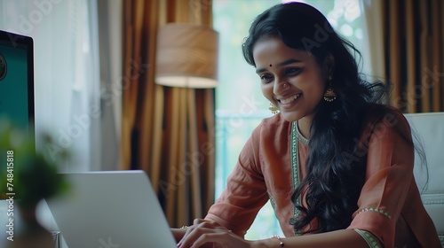 Smiling indian girl student professional employee typing on laptop sit at home office table happy hindu woman studying e learning online software using technology app for work educatio : Generative AI