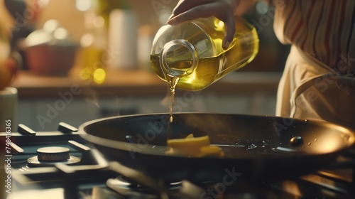 Woman pouring cooking oil from bottle into frying pan on stove closeup : Generative AI