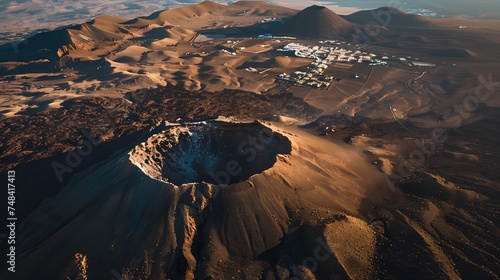 Aerial view of Calderon Hondo crater a volcano in Timanfaya National Park with a small town in background Fuerteventura Island Canary Islands Spain : Generative AI