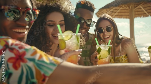 Multicultural friends having beach party on summer day Happy teenagers holding mojito cocktails taking selfie pic outside at open terrace bar Youth people and summertime lifestyle conc : Generative AI