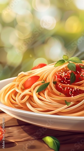 Aillustration of a plate of spaghetti with tomatoes and basil in different styles and perspectives making your mouth water