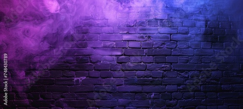 A brick wall exuding vibrant purple and blue smoke, creating an unusual and striking visual effect in an urban setting.