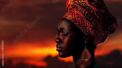 profile afro woman on the sunset background
