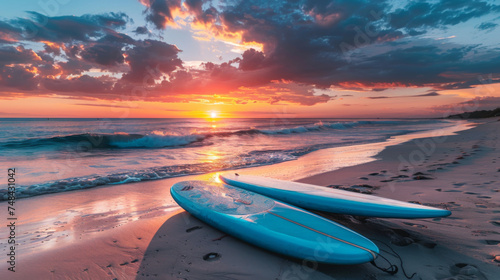 Surfboards on the beach at sunset.