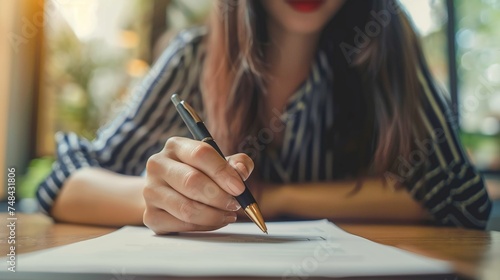 Businesswoman writing on paper while sitting in cafe, sign a letter or document.