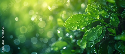 Fresh green leaves with dew drops in the morning sunlight, nature background