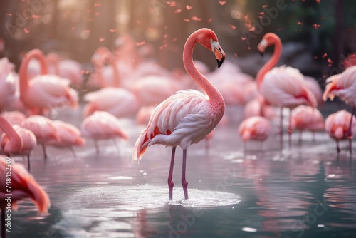 Tranquil Flamingo lake water. Zoo birds. Generate Ai