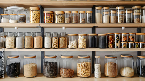 kitchen pantry storage room for home supplies organized with food containers and glass jars on shelves racked cabinets