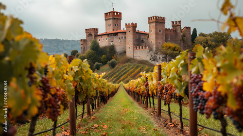 Medieval Castle Overlooking Vineyards with Ripe Grape Bunches. The medieval castle overlooking the vineyards exudes a sense of grandeur and history
