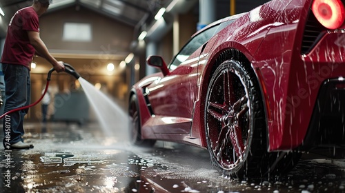 Car Wash Specialist Using Pressure Washer to Rinse a Red Modern Sportscar. Adult Man Washing Away Dirt, Preparing a Tuned Car for Detailing. copy space for text.