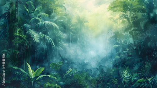 Rainforest, ecology, nature, bio-diversity background. Water color drawing of tropical rain forest. Extra wide format