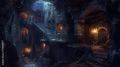Underground dungeon, fantasy adventure tabletop role play game setting, background, dark and creepy