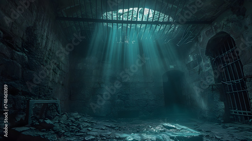 Underground old medieval dungeon jail cells, fantasy aventure tabletop role play game setting, dark and creepy rp table top background, hd