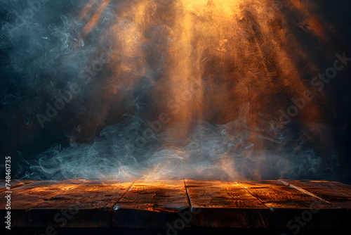 empty wooden table with Faint smoke have beams of light shining on top dark background 