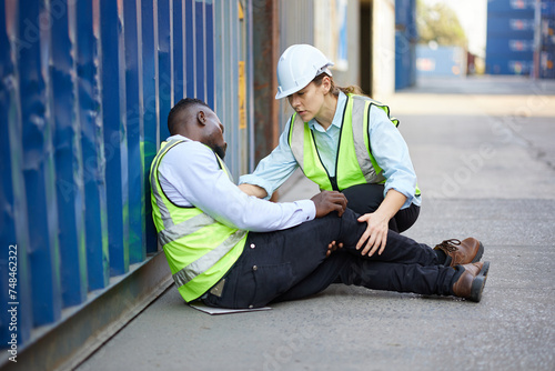 worker or engineer lying unconscious and coworker try to helping in containers warehouse storage