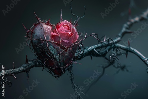 Gothic heart entwined with a rose and sharp thorns a dark romance captured in detail