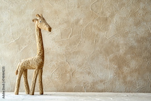 A paper mache giraffe figurine against a textured cream wall.