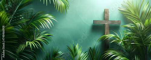 cross and palm leaves. Palm sunday and easter day concept.