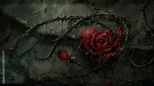 Heart and rose bound by sharp thorns in a gothic embrace symbolizing painful love