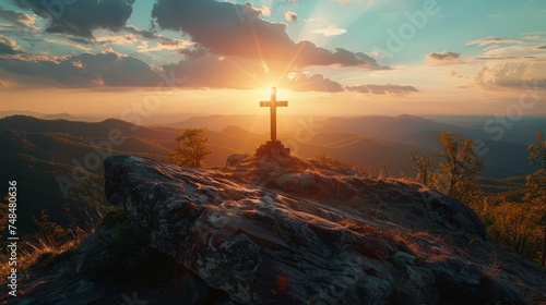 Silhouette jesus christ crucifix on cross on calvary sunset background concept for good friday he is risen in easter day, good friday jesus death on crucifix, world christian and holy spirit religious