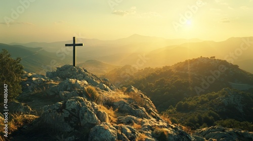 Silhouette jesus christ crucifix on cross on calvary sunset background concept for good friday he is risen in easter day, good friday jesus death on crucifix, world christian and holy spirit religious