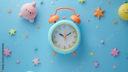 Classic alarm clock on blue pastel background, reminding us of timeless mornings, Generative Ai.
