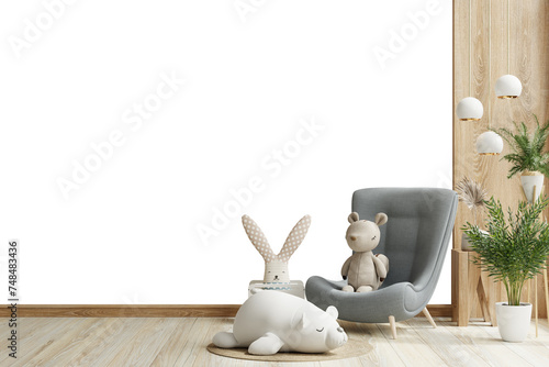 Children's room with gray armchair soft toys on transparent background.3d rendering