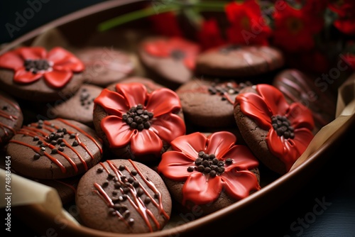 Delectable Poppy cookies chocolate. Festive plate sweet glazed seed baked goods. Generate AI