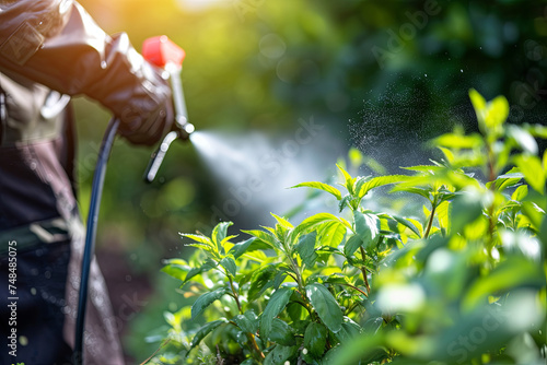 Gardener spraying chemical addictive for plants