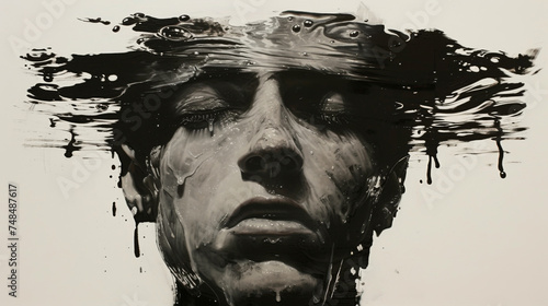 Black and White Surreal Portrait of Person Submerged in Liquid