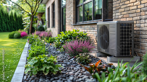 heat pump unit outdoors at a modern home in the Netherlands, warmte pomp, translation air source heat pump, airco for warming and cooling, green label concept house