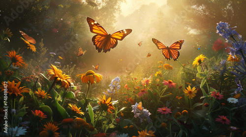 Butterflies fluttering among wildflowers in a sunlit clearing, a colorful and pure interaction of flora and fauna