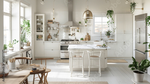 Modern Kitchen, Scandinavian style, island, Appliances and Accessories. Interior design.
