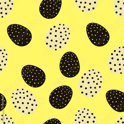 Easter Day seamless pattern with black and white easter eggs decorated with various dots on yellow background. Web poster, greeting card, wrapping paper, easter decorations, sale and promo banner