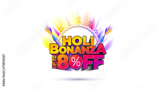 Holi Festive background with Holi bonanza 80% off 3d Text. Holi sale offer deal discount logo concept.