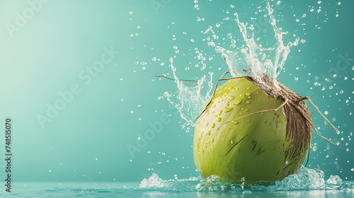 Coconut water splashing out of a fresh green coconut isolated on a pastel summer blue background. copy spac. generative ai 