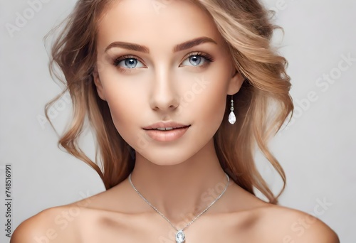 beauty, people and jewelry concept - beautiful young woman wearing shiny diamond pendant. AI generative