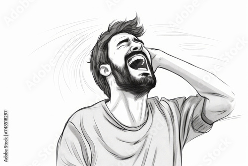 The black and white drawing depicts a man throwing his head back in laughter, his mouth wide open and eyes closed in joy