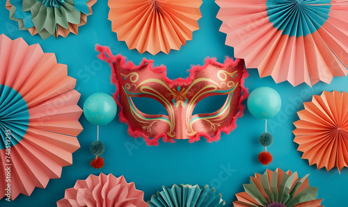 Flat lay of carnival mask and paper fans with pom-poms