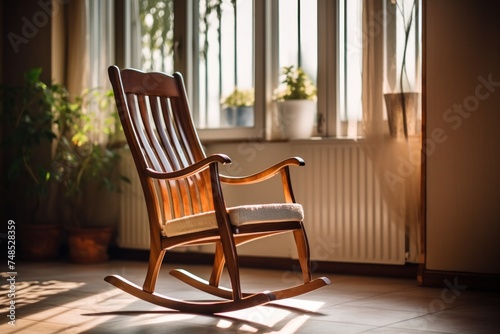 A wooden rocking chair sat in the room. Suitable for interior home decoration.