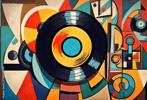 a cubist style, art deco, abstract painting of a vinyl record music vintage, Bright colors.