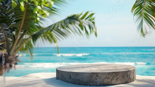 Summer products displayed on a stone plinth at a tropical sea beach. Sandy beach with palm trees and blue sea background