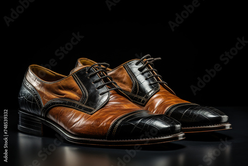 Fashionable men's leather shoes. Shoes made of black and brown leather on a black background. Generated by artificial intelligence
