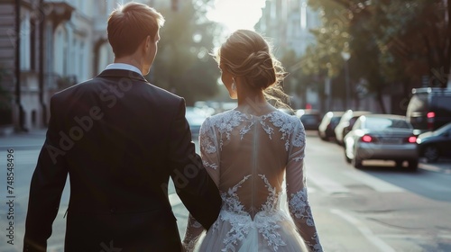 Wedding couple walking down a city street