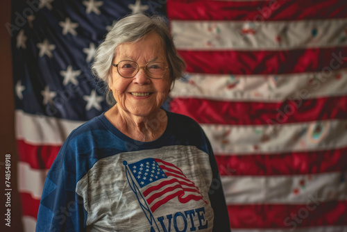 A senior female USA American election voter portrait in front of American flag