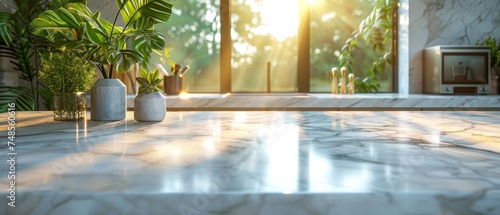 3D rendering of a marble countertop in an island kitchen against a blurred background of appliances and utensils in a kitchen by a window with a green plant.