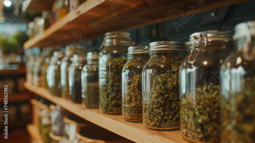 Rows of glass jars with cannabis against wooden shelves.