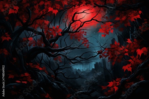 Vibrant Red leaves night foliage. Summer fantasy. Generate Ai