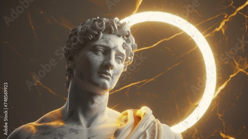 Surreal 3D illustration of a marble ancient Greek statue with a halo behind in white and gold color. Contemporary art in digital format
